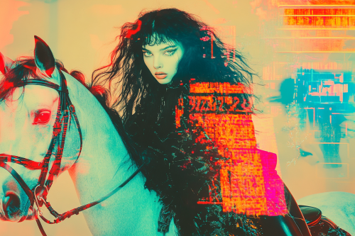 A woman on horse galloping in black-white glitch art