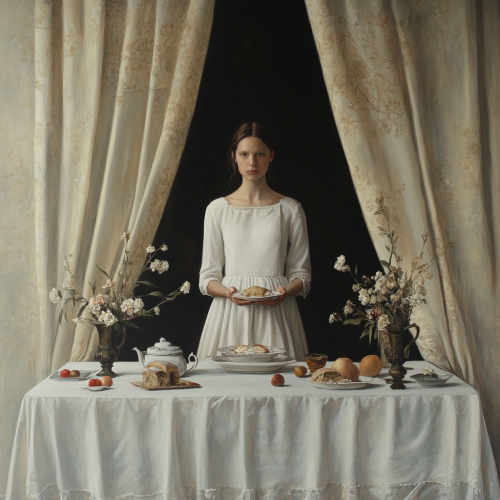 A woman standing at a set table painting