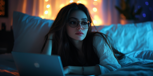 A woman with glasses watching laptop in bedroom
