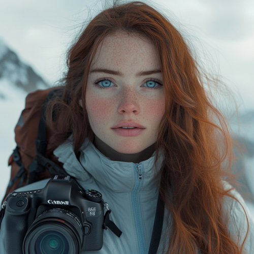 A woman with long hair and blue eyes.