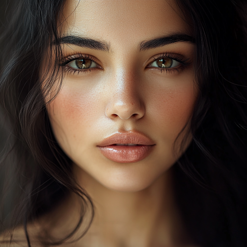 A woman with voluminous lips, moisturized hair, chapped lips.