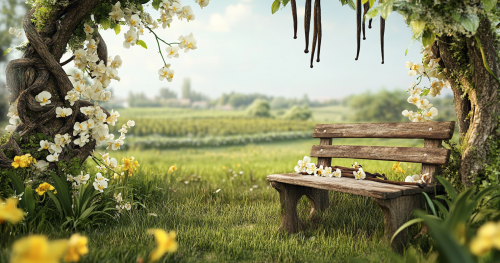 A wooden bench surrounded by blooming vanilla orchids
