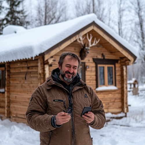A wooden house with deer antler handle