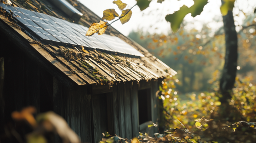 A wooden house with solar panels on roof