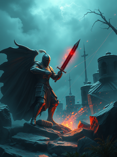 A wounded knight in a colorless magical land.