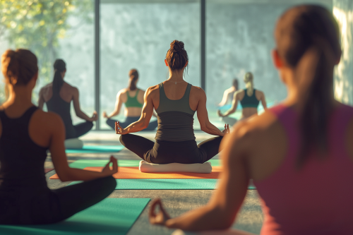 A yoga class with students focusing on balance