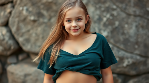 A young Irish girl without pants, wearing a t-shirt.