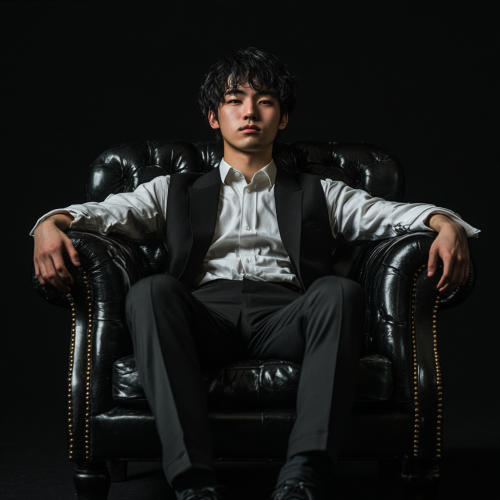 A young Japanese man sitting on leather sofa