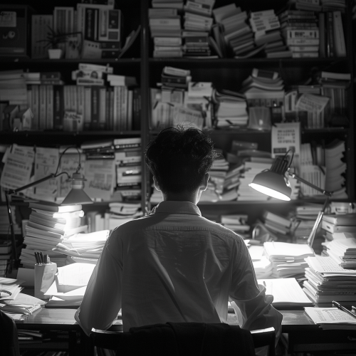 A young Korean man studying late at night