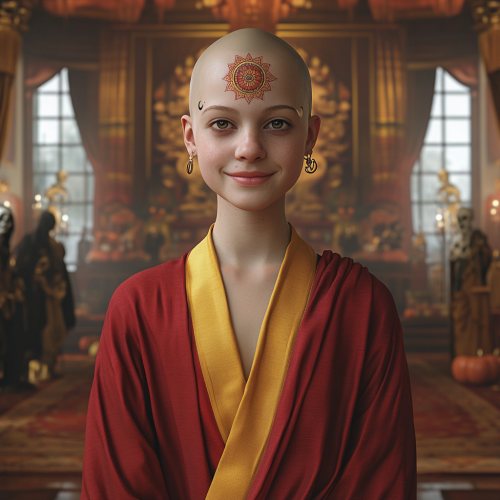 A young bald woman in colorful robes meditates