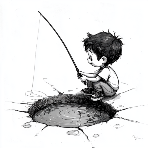A young boy fishing with joy in pothole