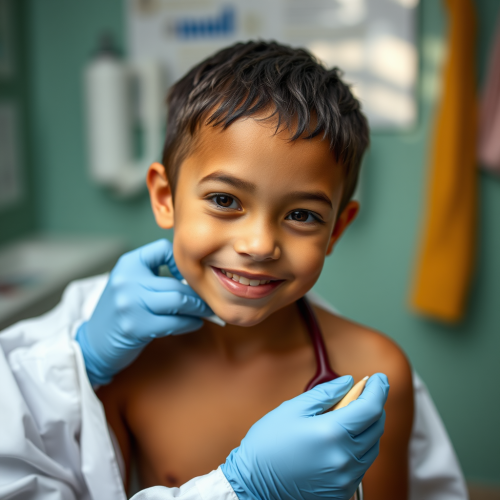 A young boy playing doctor with thongs.