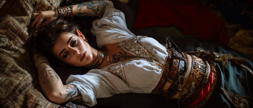A young elf with tattoos in a bed
