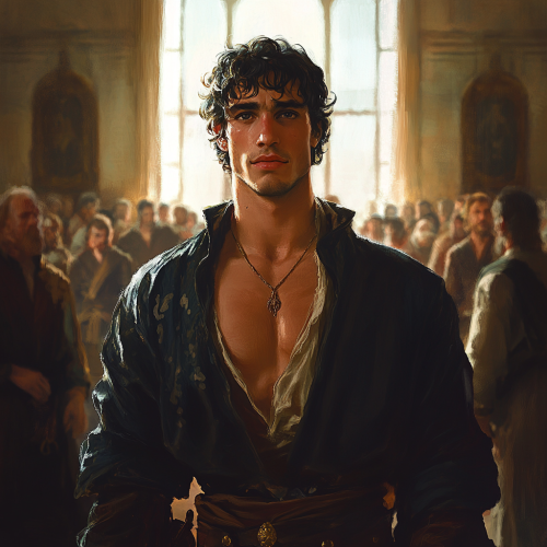 A young man in a king's chamber shimmering water arms