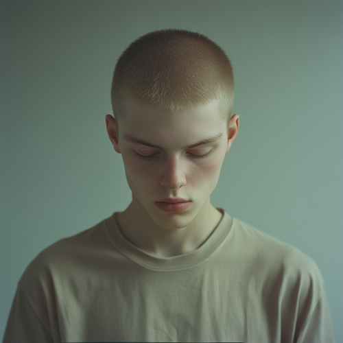 A young man in a t-shirt, looking down