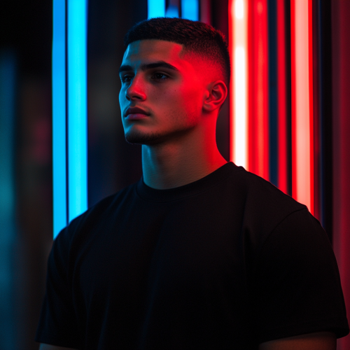 A young man in black t-shirt under neon lights
