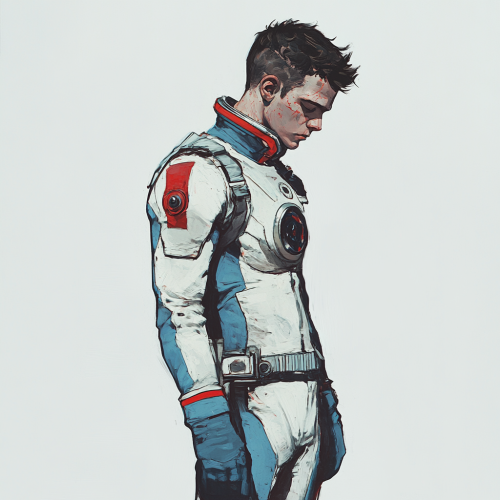 A young space mechanic in blue overalls suit
