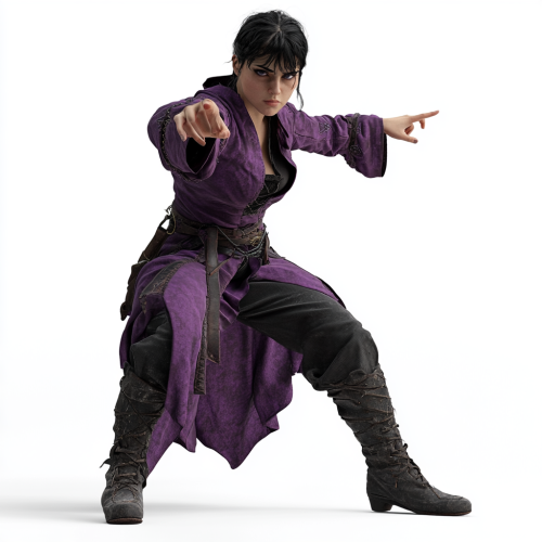 A young witch in purple clothes casting spell