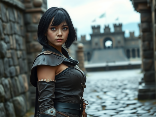 A young woman in Conan outfit near fortress.