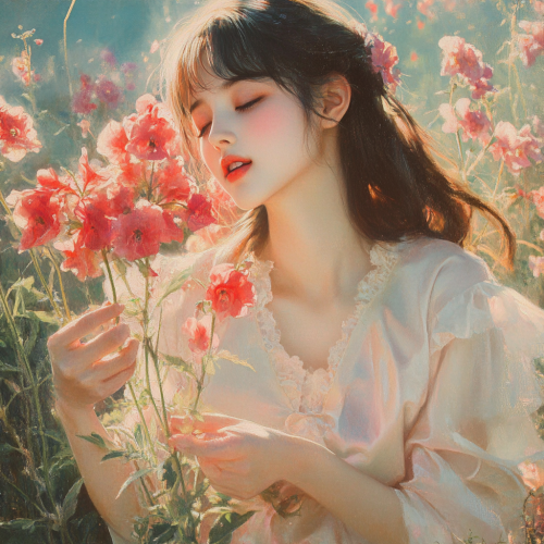 A young woman in a pastel dress with flowers