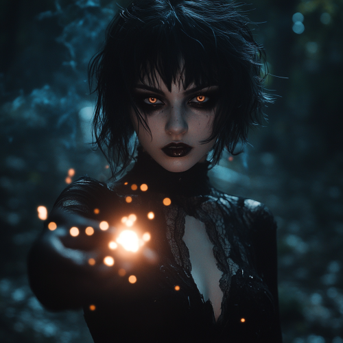 A young woman in black casts magic spell