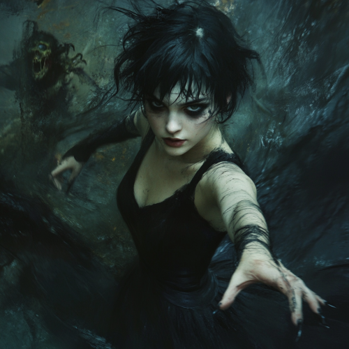 A young woman in black dress fights monsters