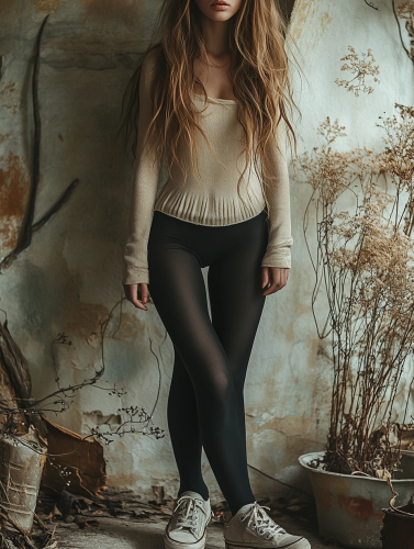 A young woman in black tights walking
