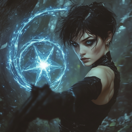 A young woman with black magic, surrounded by monsters