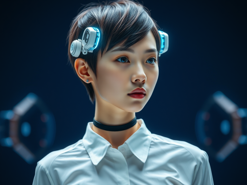 A young woman with futuristic style and technology.