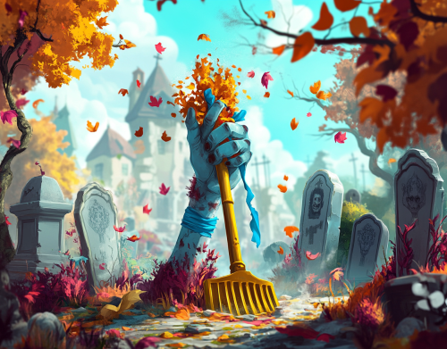 A zombie hand with rake among tombstones