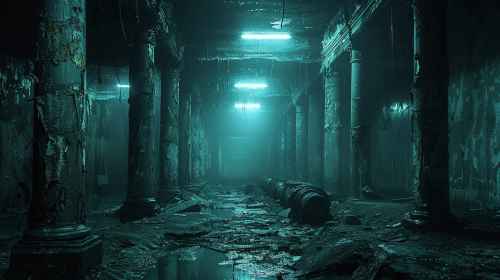 Abandoned factory basement with broken machinery, rusted pipes.