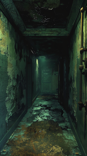 Abandoned haunted hallway with eerie shadows, whispers, dimness