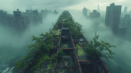 Abandoned skyscraper rooftop garden with overgrown wild vegetation.