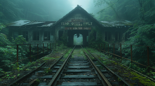 Abandoned train station in woods, nature reclaiming structure.