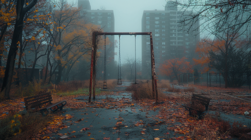 Abandoned urban park with rusted swings, broken paths.