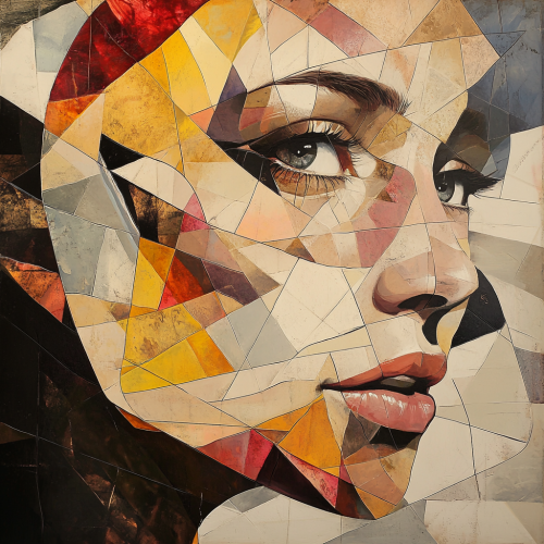 Abstract, fragmented portrait of woman's face with angular shapes.