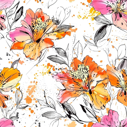 Abstract Alstroemeria Pattern with Golden Paint Splashes