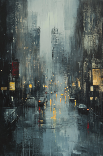Abstract art of city rainstorm, muted colors, calming mood. Abstract art of city rainstorm, muted colors, calming mood.