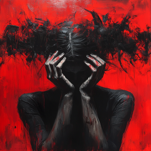 Abstract art with humans expressing fear and despair