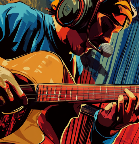 Acoustic guitar player in studio frustrated without audience help.