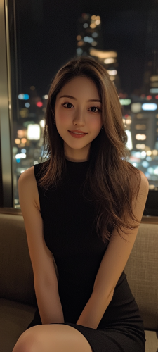 Actress in black dress, stylish cocktail, sitting on sofa.