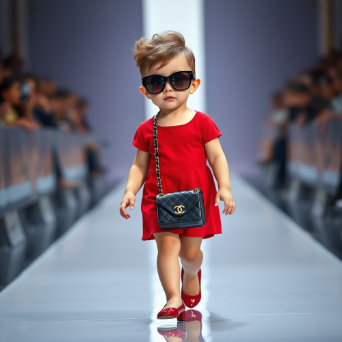 Adorable baby fashion model with Chanel bag