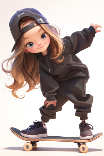 Adorable fashion girl on skateboard, smiling brightly Adorable fashion girl on skateboard, smiling brightly
