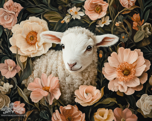 Adorable lamb surrounded by blooming flowers