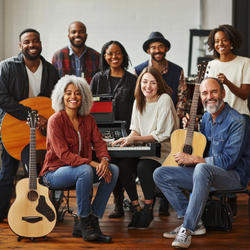 Adult music class in modern studio with instruments, smiling. Adult music class in modern studio with instruments, smiling.