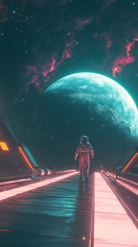 Adventurous space hitchhiker and robot in pajamas