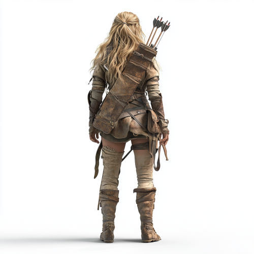 Adventurous woman in 30s with bow and sword.