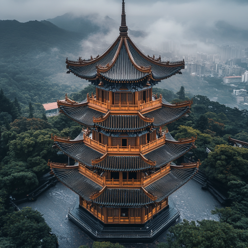 Aerial view of Taiwanese pagoda on overcast day