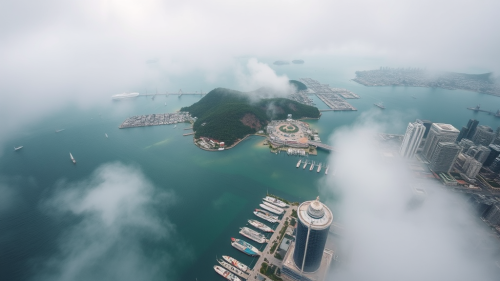 Aerial view of a fantasy harbor city.