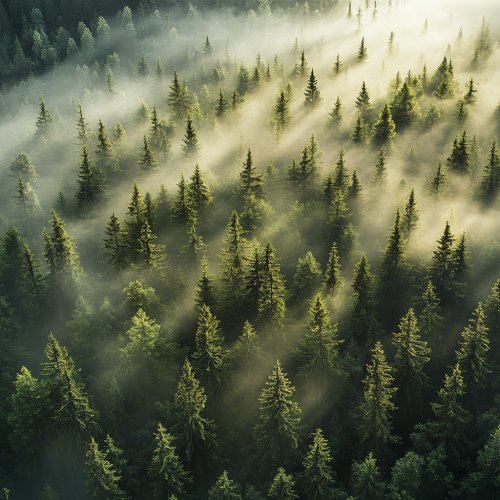 Aerial view of misty forest shrouded in mystery